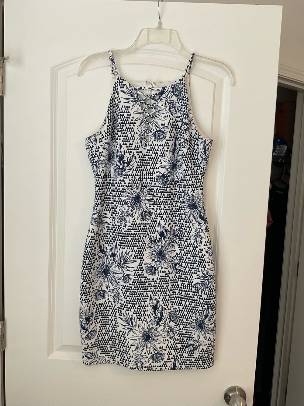 Guess Navy and White Lace-Up Halter Mini Dress